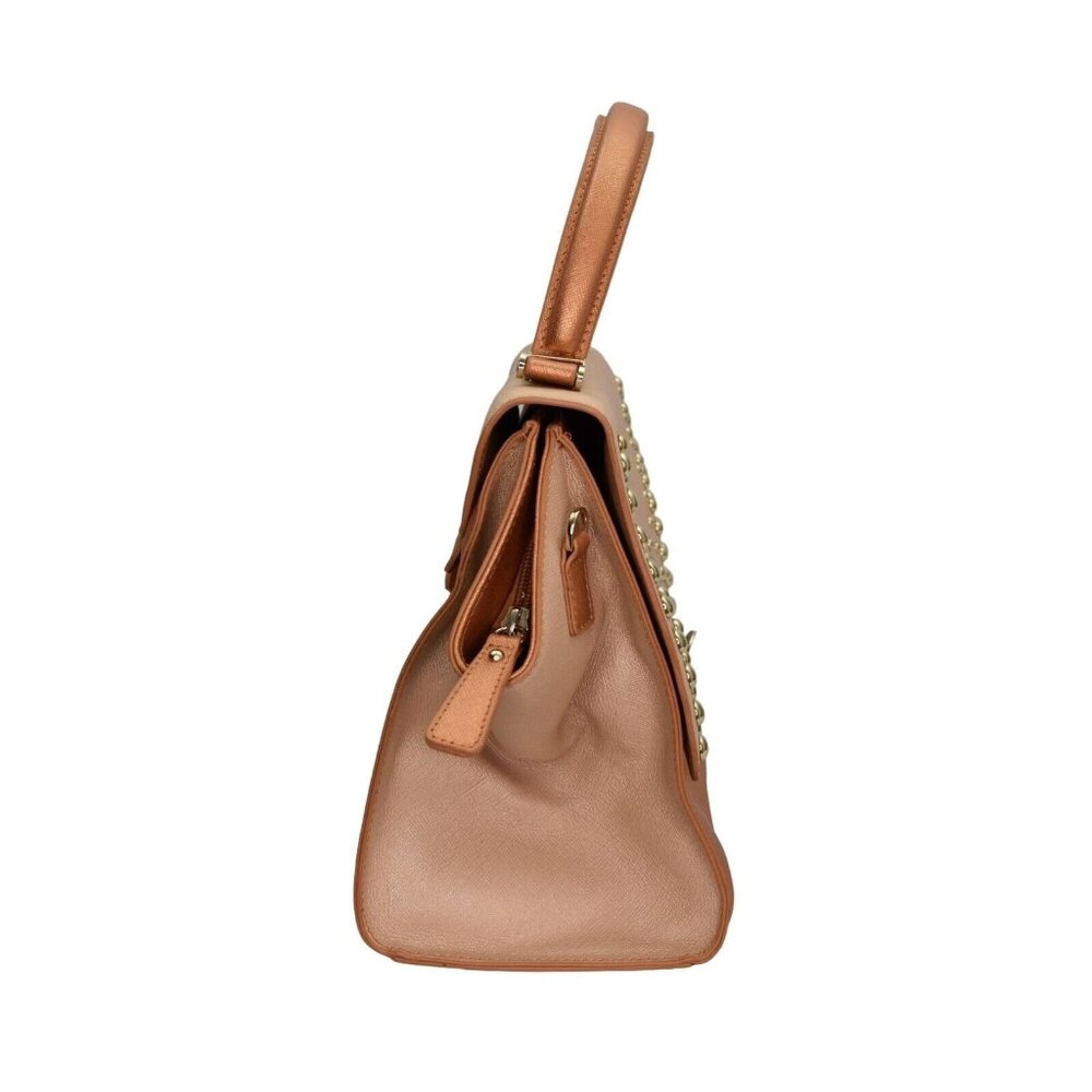 Sharif Handbag Satchel Peach Beige Leather Gold Studded Trapezoid Top Handle Bag - Picture 2 of 12